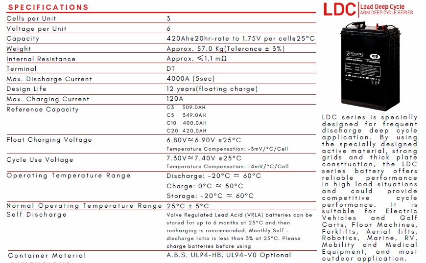 Batteria 6V 420Ah ciclica CP. LDC6-420 immagine descrizione prodotto.