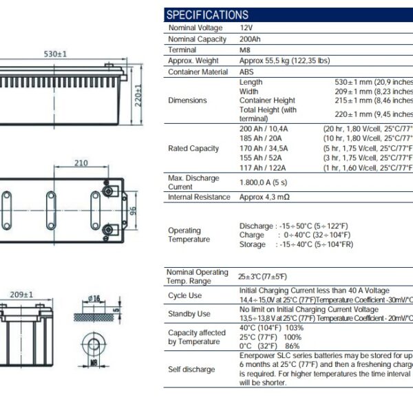 Scheda tecnica Enerpower SLC200-12S 12V 200Ah AGM con dimensioni e specifiche